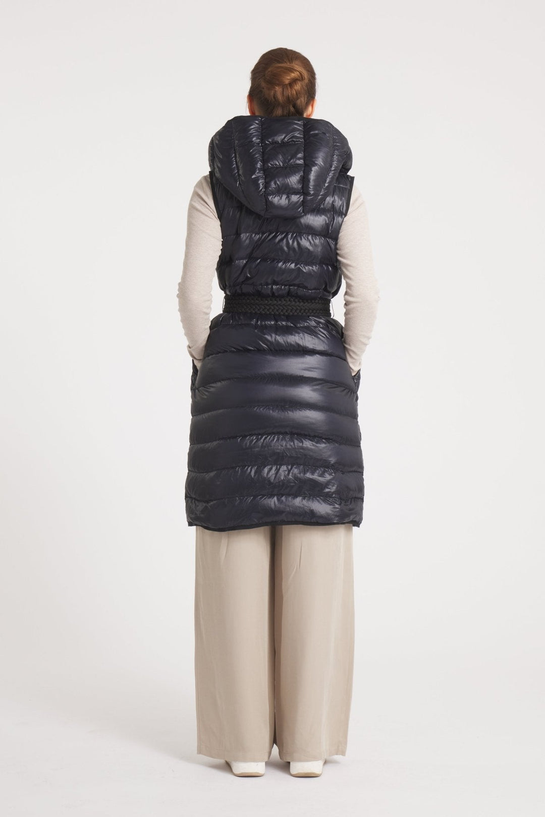 The Camden | Long Hooded Down Vest | Midnight Black - Cotes of London