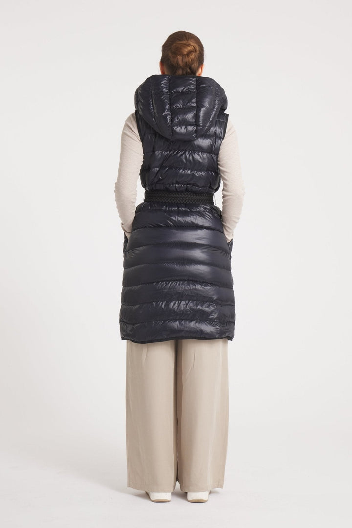 The Camden | Long Hooded Down Vest | Midnight Black - Cotes of London