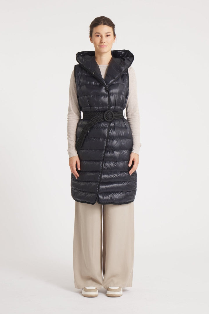 The Camden | Long Hooded Down Vest | Midnight Black - Cotes of London