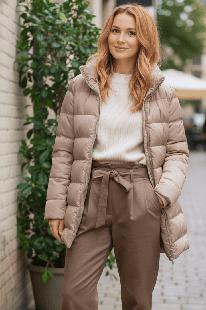 The Dorchester | Down Coat with Chunky Zipper | Taupe - Cotes of London